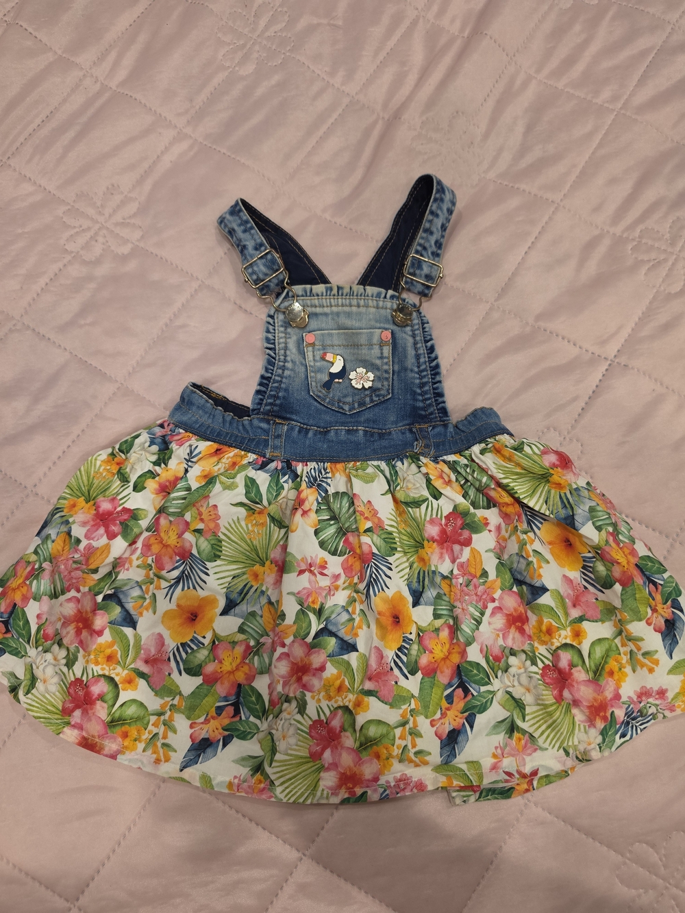 Denim Floral Overall Skirt for Girls - Blue Floral
